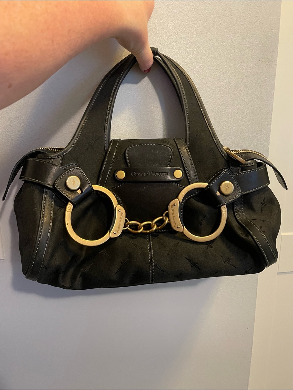 Cesare Paciotti Black Satchel with Gold Ring-and-Chain Detail